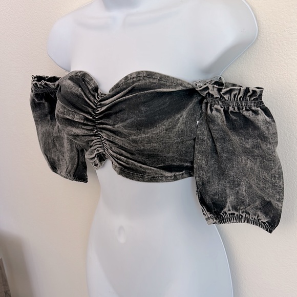 High quality Denim Ruched Short sleeved Bandeau Top - Picture 8 of 15